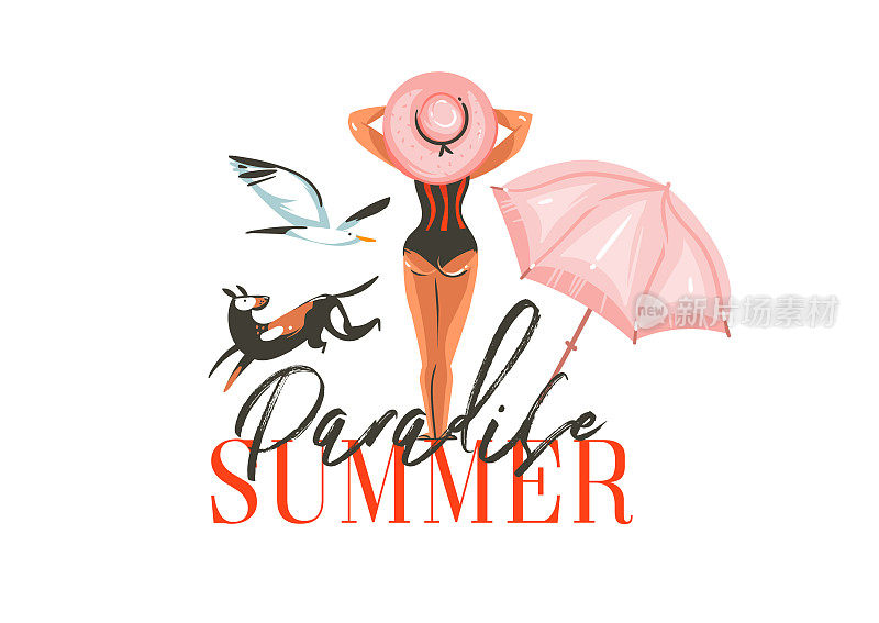手绘矢量抽象图形卡通夏季时间平面插图标志与女孩，鸟，沙滩伞，狗和天堂夏季排版孤立在白色背景