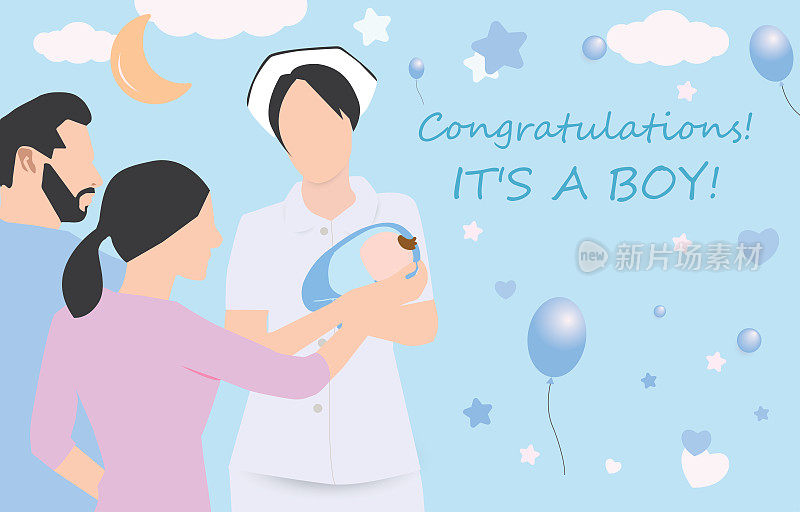 幸福的父母和护士抱着刚出生的男婴。