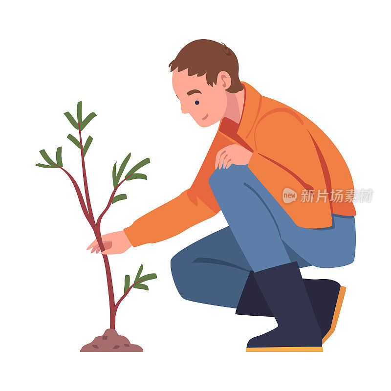 人的性格在土壤中种植树木树苗，爱护地球与自然矢量插图