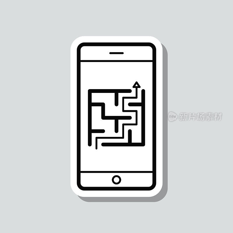 智能手机与迷宫。灰色背景上的图标贴纸