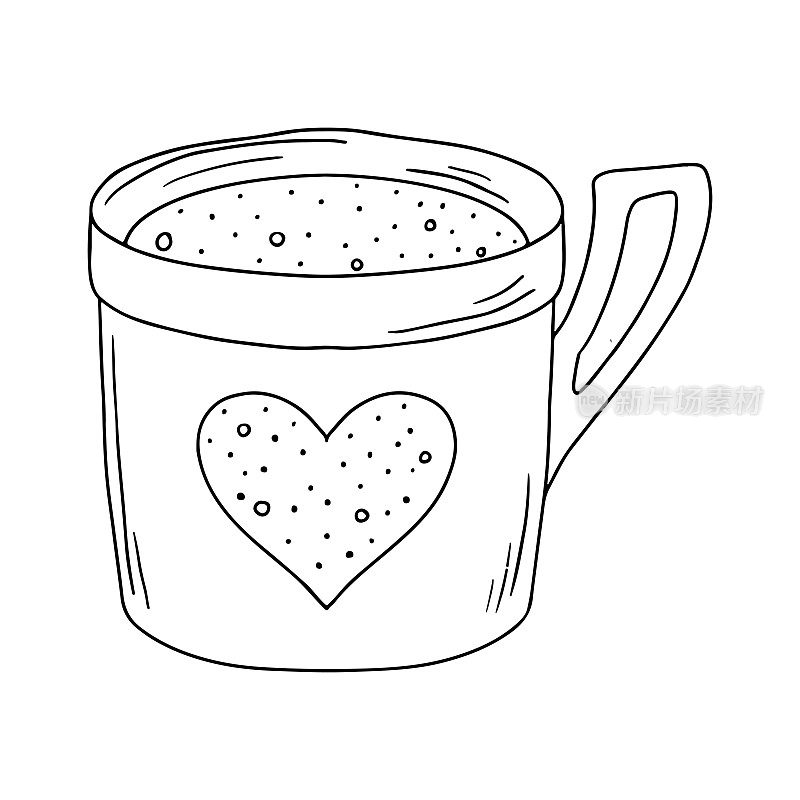 用心装饰的一杯茶或咖啡。手绘涂鸦风格的插图。向量隔离在白色背景上。
