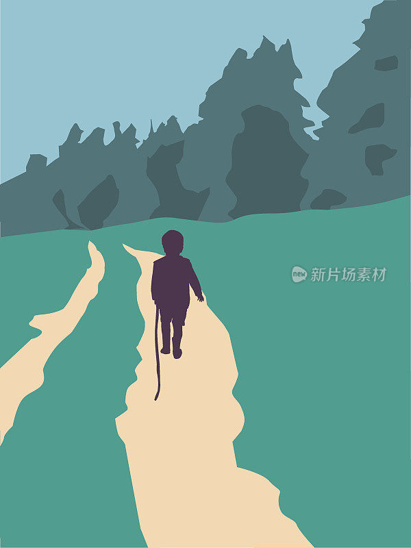 向量:一个小孩走在田野和森林之间的小路上。复古的景观向量。平的插图