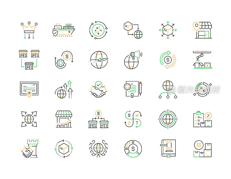 全球业务相关的矢量细线图标。大纲符号集合