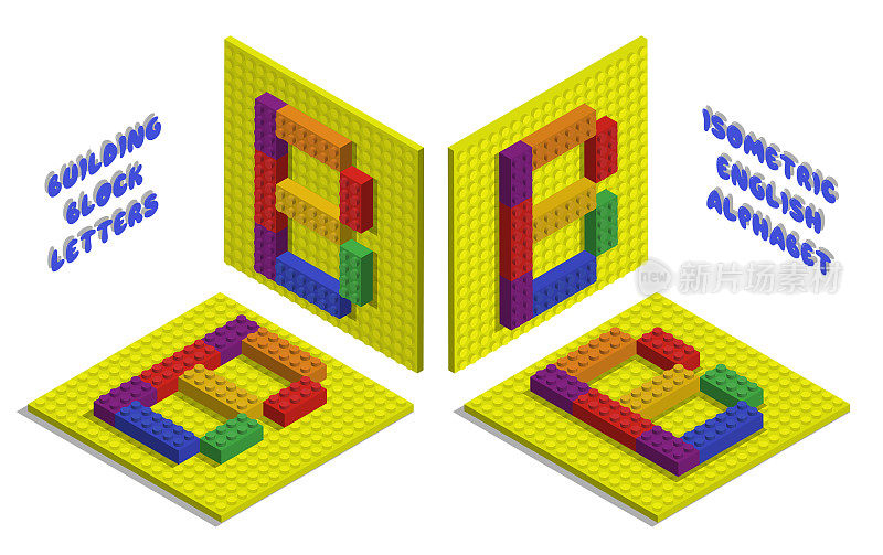 字母b的等距玩具砖，字母从积木，儿童海报和游戏。ABC排版。真实的3D矢量隔离在白色背景上