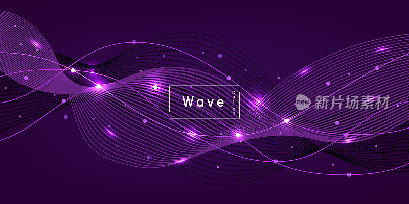 摘要粒子紫波网络设计。动态粒子声波在暗紫色背景的发光点上流动