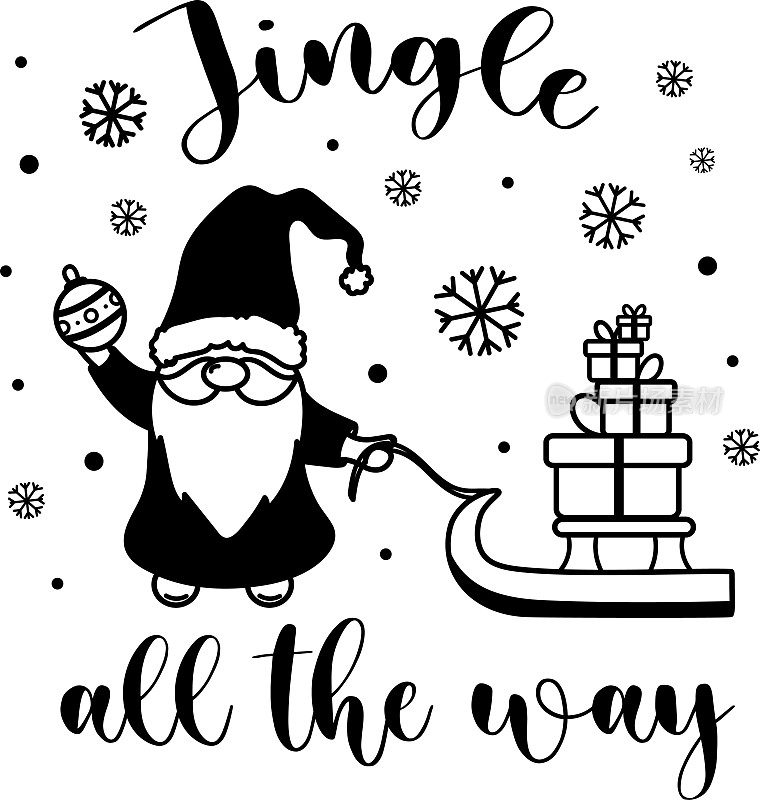 手绘矢量圣诞侏儒SVG插图集隔离在白色。铃儿一路报价组成完美的切割设计，砧板，t恤，印刷，问候和工艺设计