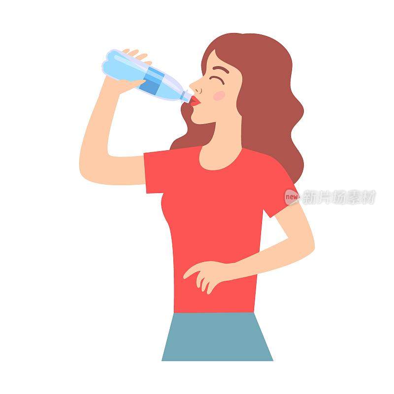女人从瓶子里喝水，解渴。不同类型的疼痛卡通插图。女孩感觉疲劳，饥饿，口渴，头晕孤立