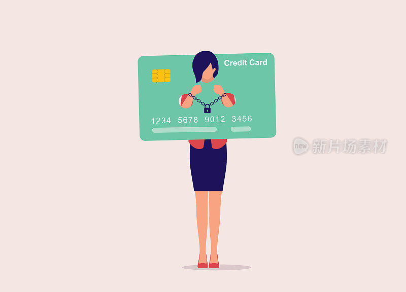 信用卡债务奴役概念。女人的手铐被困在一个信用卡形状的颈手枷设计。