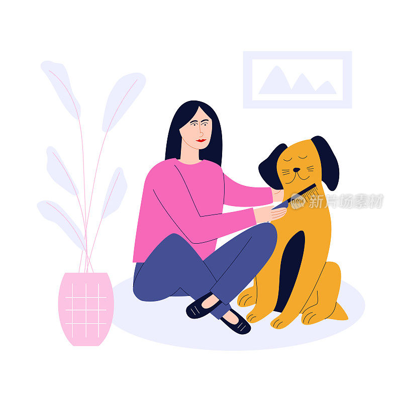 插图与妇女梳理狗
