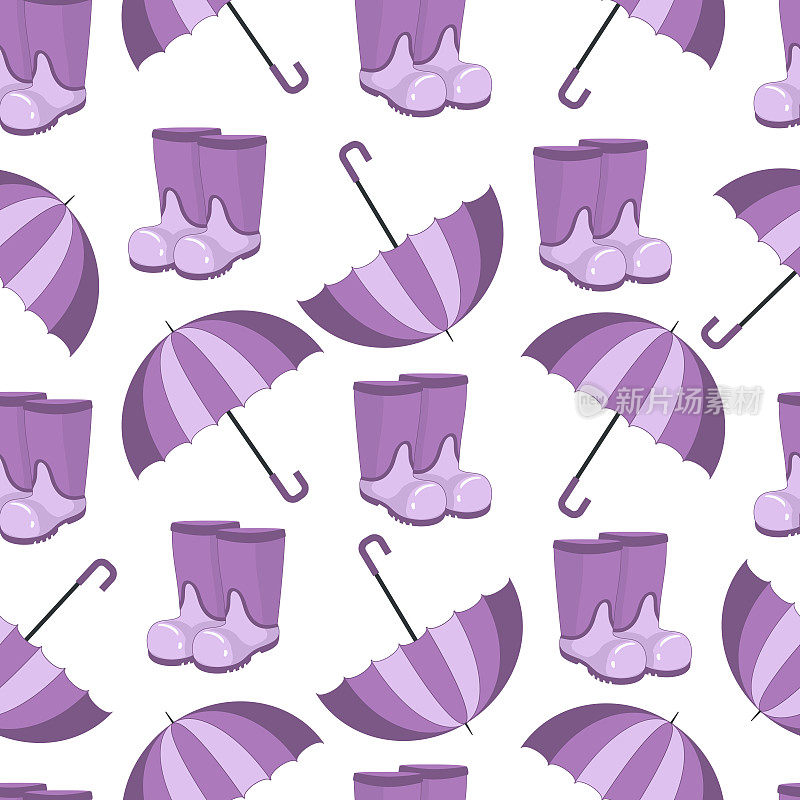 无缝秋季图案与紫色胶靴和伞下雨的天气在一个扁平风格孤立在白色背景