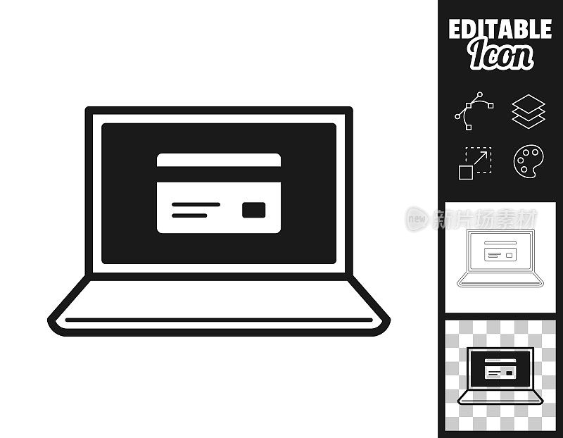 有信用卡的笔记本电脑。图标设计。轻松地编辑