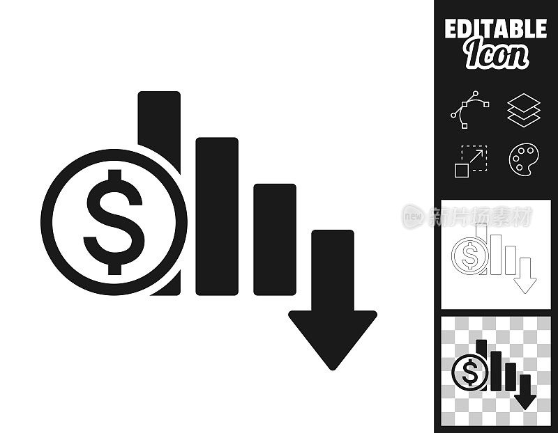 美元汇率下降。图标设计。轻松地编辑
