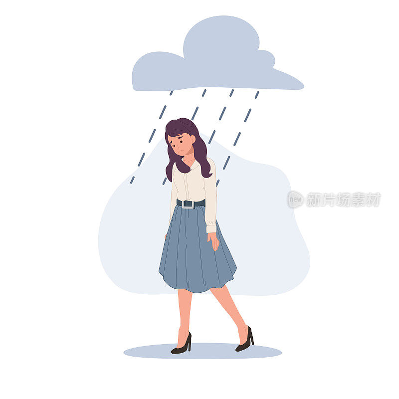 悲伤的女人走在雨中。阴暗的天气。的情绪。孤独的概念。矢量图