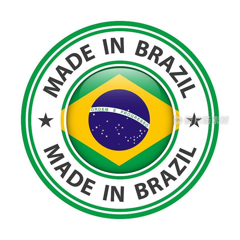 巴西制造的徽章矢量。有星星和国旗的贴纸。标志孤立在白色背景。