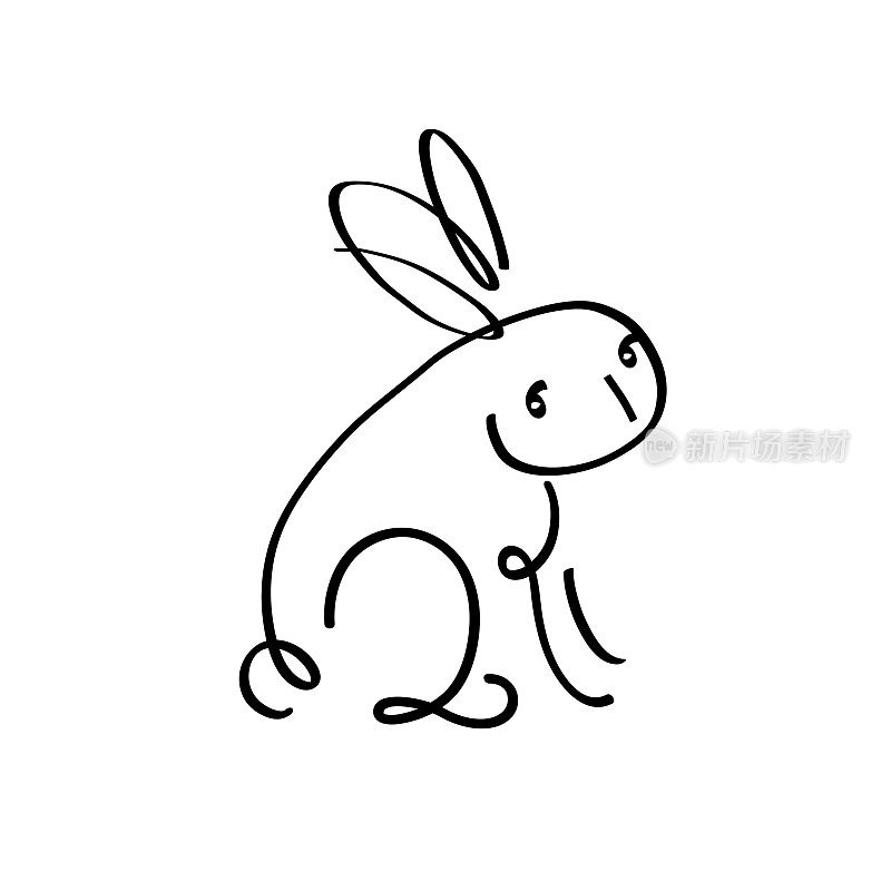 兔年生肖。用画笔手绘兔子轮廓。简单极简的中国十二生肖兔子设计贺卡，海报，横幅，小册子，日历。