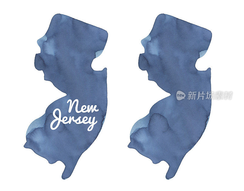 水彩插图集新泽西州地图在深蓝色:空白模板和文字字母的例子。