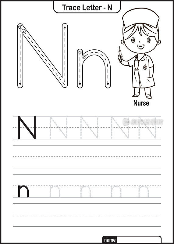 字母追踪字母A到Z学前工作表与字母N护士亲向量