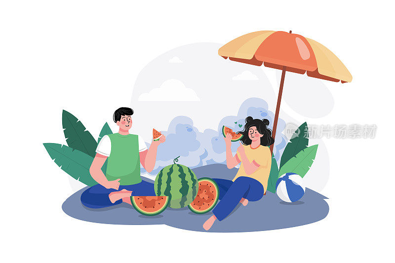 吃瓜的人插图概念。孤立在白色背景上的平面插图