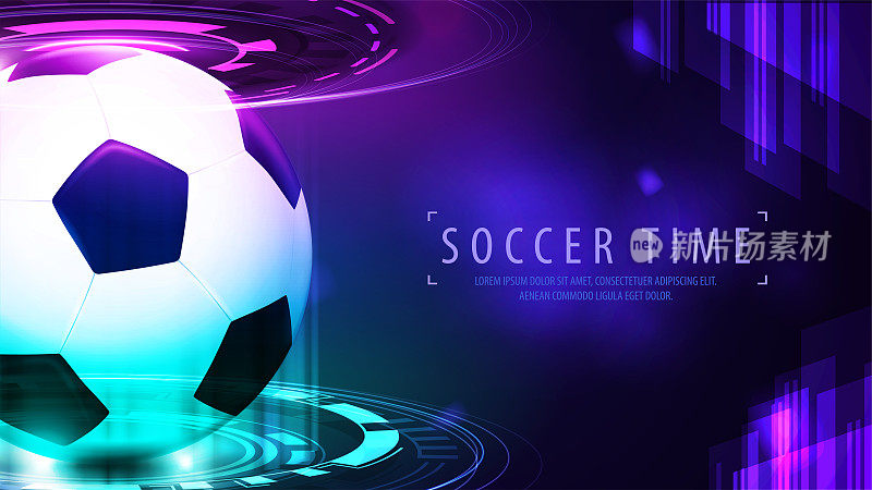 足球里面蓝色和粉色的数字全息图在黑暗的场景。数字紫色运动背景与足球