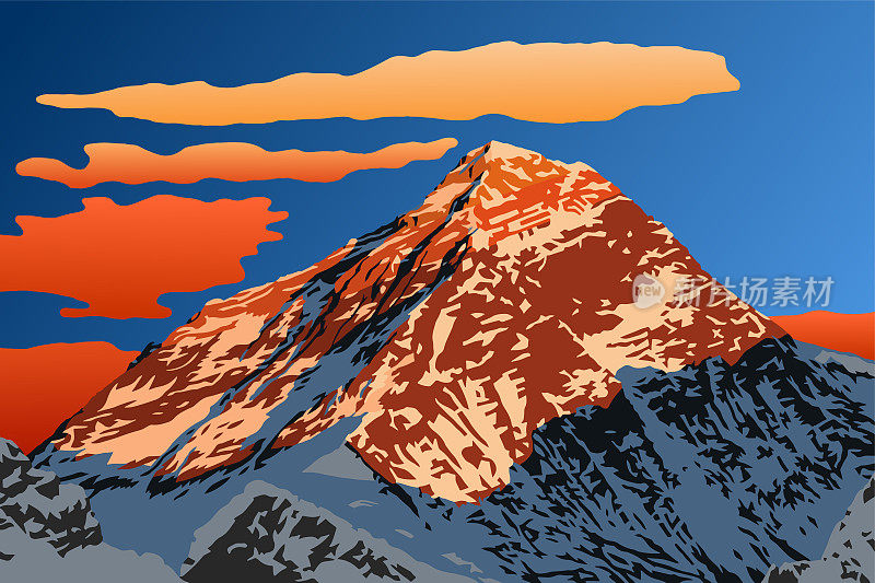 傍晚珠峰顶部矢量图标志，尼泊尔喜马拉雅山脉