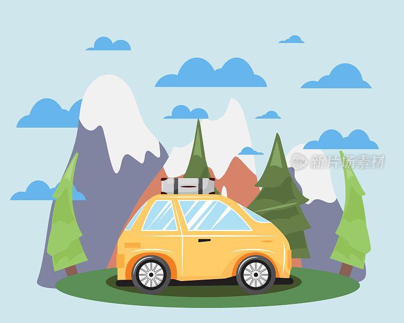 黄色的汽车在山上。旅行，冒险，目的地概念说明。