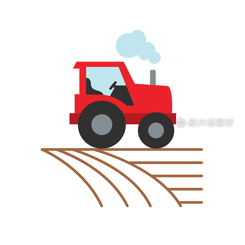 拖拉机和耕地农业图标在平坦的颜色上透明的背景