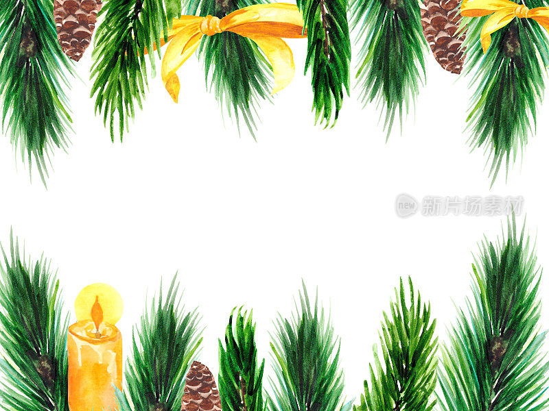 圣诞框架广场上有冷杉树枝、蜡烛、圆锥体、蝴蝶结，孤立在白色背景上。明信片、海报、请柬的装饰。手绘水彩画。