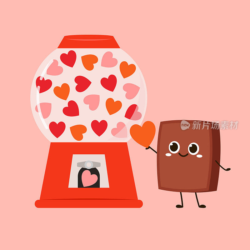 心脏在自动售货机充满红色、蓝色和白色泡泡糖心形在粉红色的背景。透明玻璃插图。情人节。巧克力卡通。