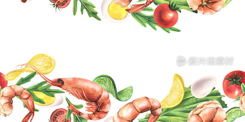 水煮虾配柠檬、西红柿、鸡蛋和芝麻菜。水彩插图。无缝横幅从虾收集。用于设计和设计菜单，食谱，包装，咖啡馆