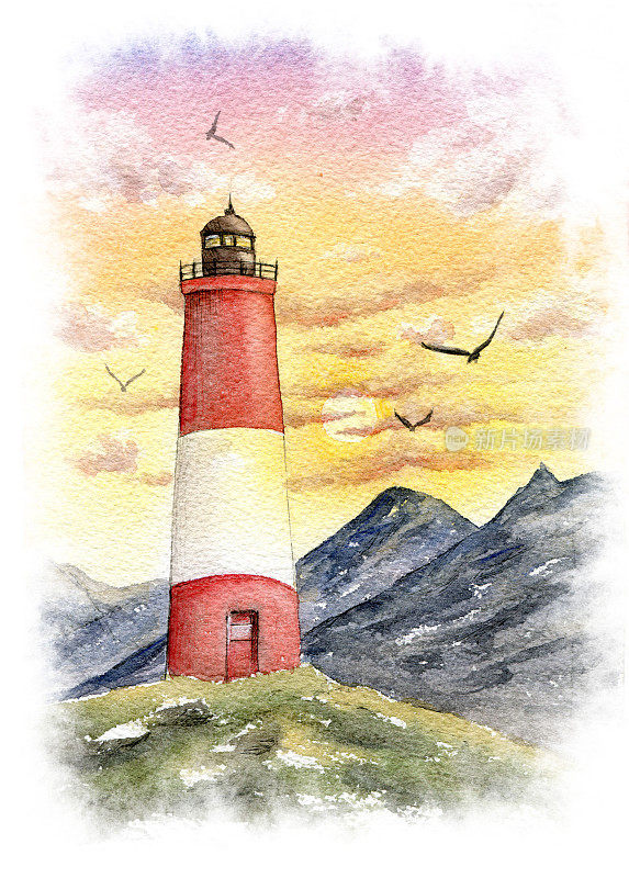 水彩画灯塔，岩石，海鸥。海洋景观和鸟类插图。