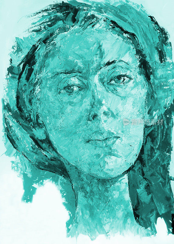 插图油画肖像的妇女在一个头饰披肩覆盖头发在蓝色调