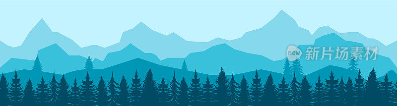 森林全景与针叶树。水平全景无缝横幅与丘陵森林背景，松树，雪松，木材在黑暗和浅蓝色的色调。平面矢量图。