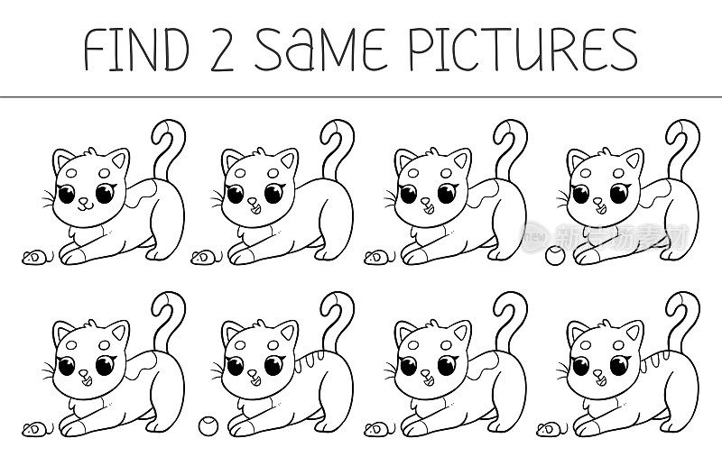 找两张图片是一款适合带猫的孩子玩的教育游戏。猫着色书。矢量插图。