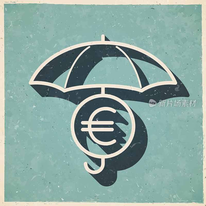 伞下的欧元硬币。图标复古复古风格-旧纹理纸