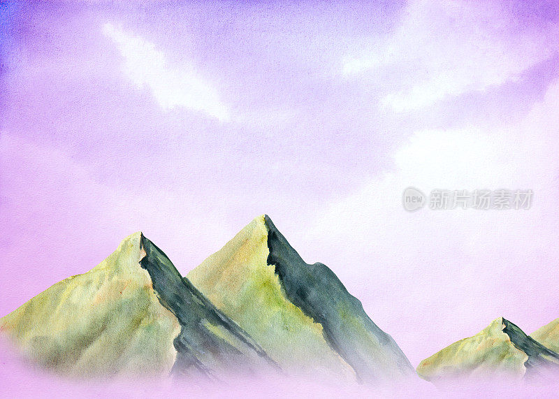 水彩画的风景如画的绿色山脉与紫色的天空和云。美丽的景观