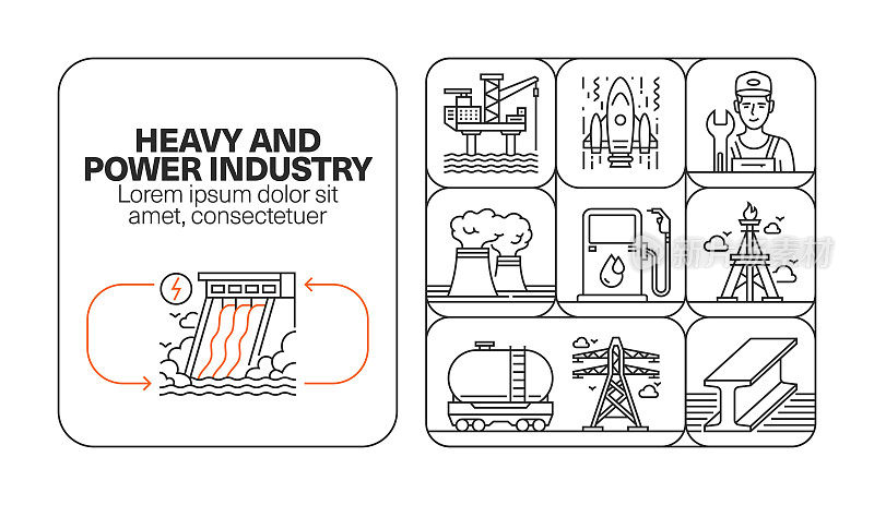 重型和电力工业横幅线图标集设计