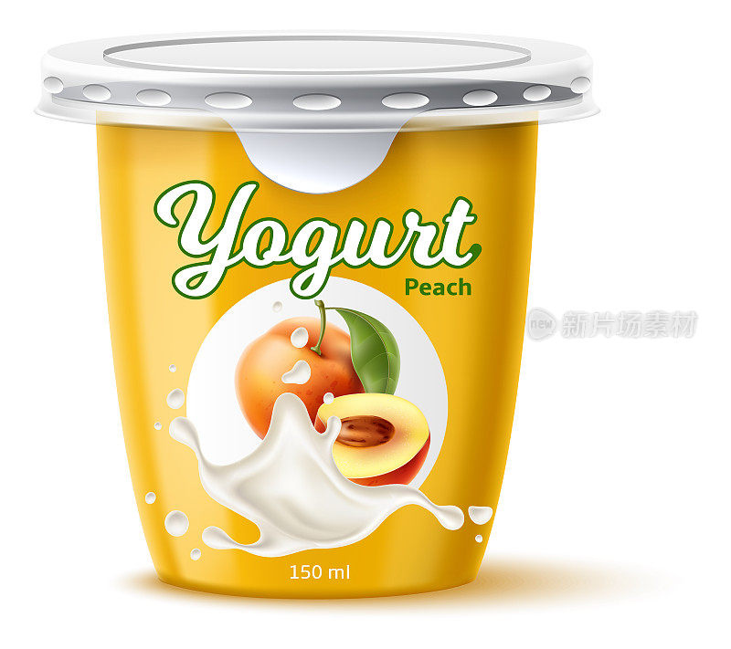 酸奶包装设计。奶产品。水蜜桃。水果味道。用于发酵奶类食品的密闭罐。天然杏味。奶油甜点容器模型。矢量塑料3D包装