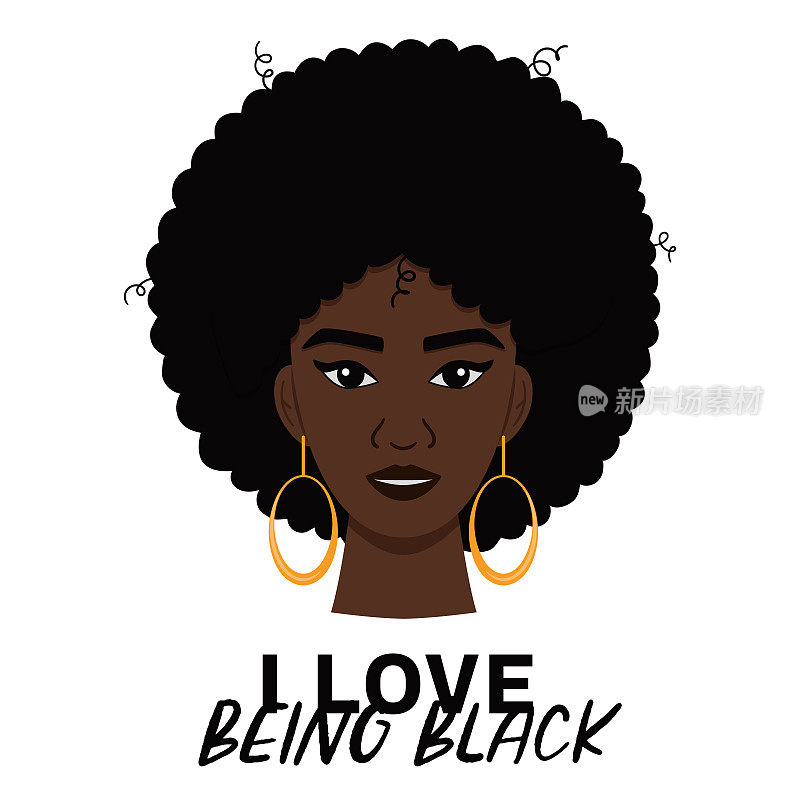 可爱的年轻非洲裔美国女人，卷发，戴耳环。我喜欢做黑人。六月印刷海报。非裔美国人自由日矢量插图孤立在一个白色的背景
