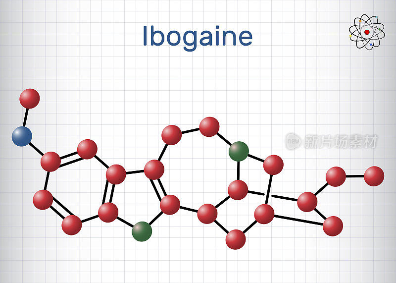 '伊菠加因'的分子。它是单萜类吲哚生物碱，精神活性物质，致幻剂，致幻剂。结构化学式，分子模型。笼子里的一张纸