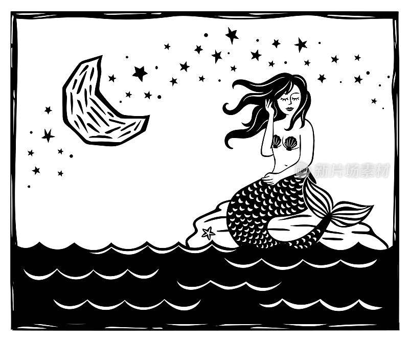月光下美人鱼坐在石头上。单色向量。希腊神话中古老的神奇生物。复古风格，弦式木刻