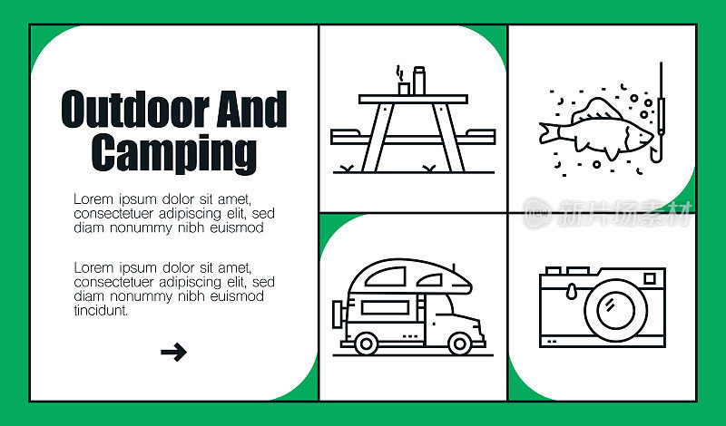 户外和露营线图标集和横幅设计。采购产品露营帐篷，睡袋，指南针，地图，营火，保温瓶
