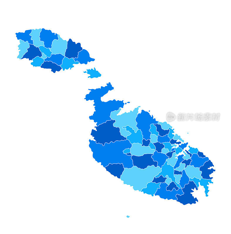 高度详细的马耳他蓝色地图与地区和国界