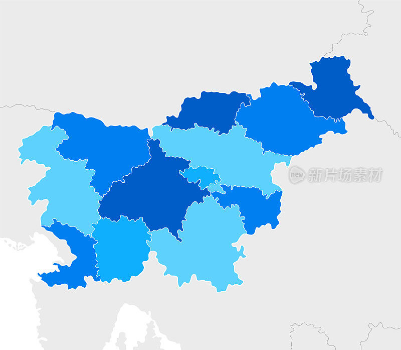 高详细的斯洛文尼亚蓝色地图，克罗地亚，匈牙利，奥地利，意大利的地区和国家边界