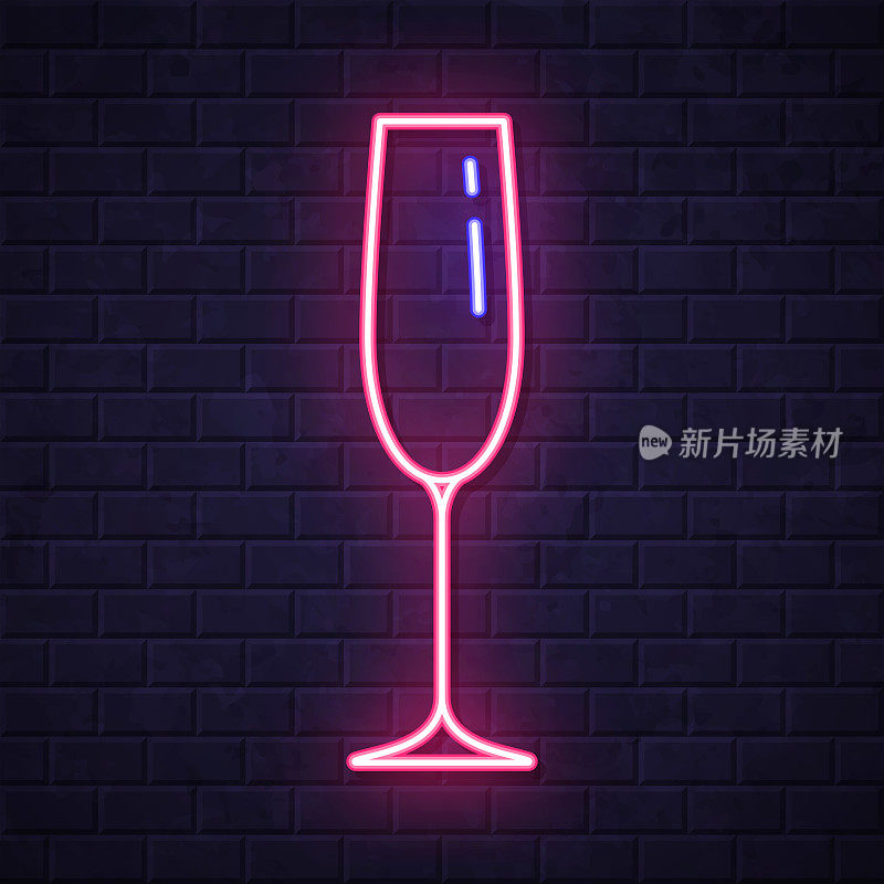 一杯香槟。在砖墙背景上发光的霓虹灯图标
