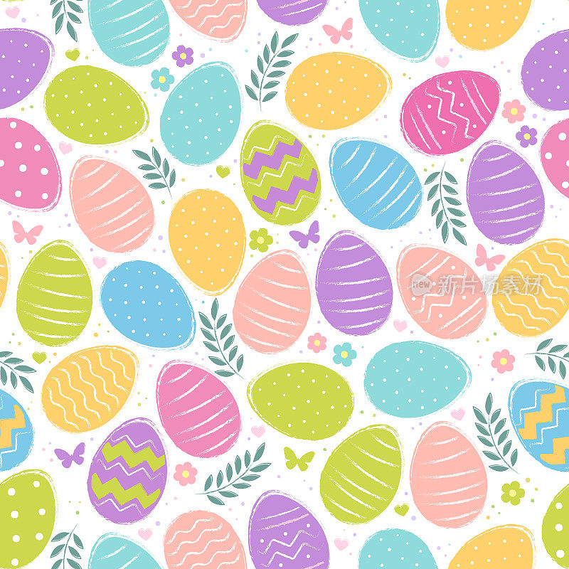 复活节无缝图案与装饰鸡蛋手绘在柔和的颜色。