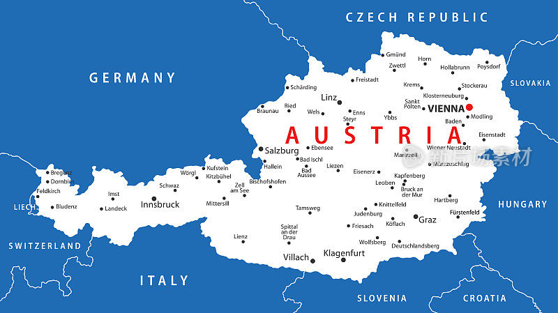 奥地利的地图。奥地利矢量彩色地图