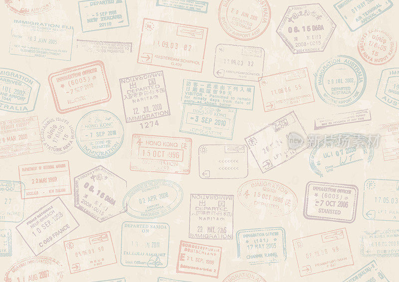 无缝护照旅行邮票背景矢量插图