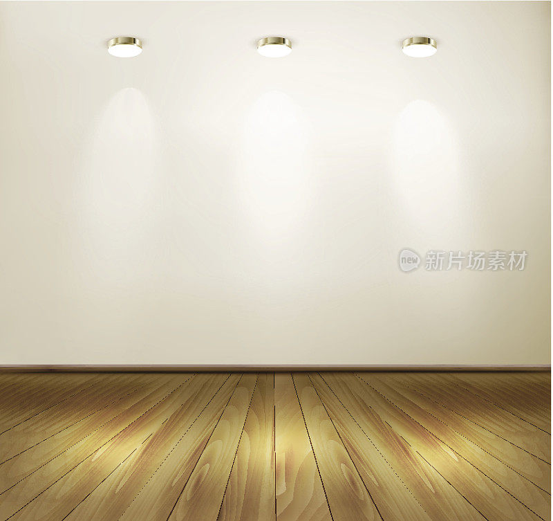 有射灯和木地板的墙壁。展厅的概念。向量