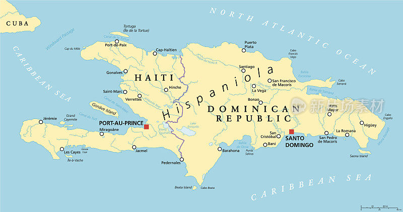 海地和多米尼加共和国的伊斯帕尼奥拉岛政治地图