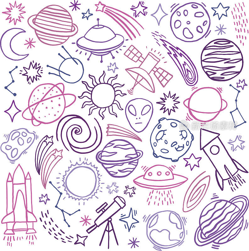 宇宙空间手绘涂鸦图标集